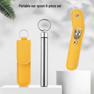 Набор из шести предметов для чистки ушей из нержавеющей стали с пружинными спиральными инструментами и кожаным футляром