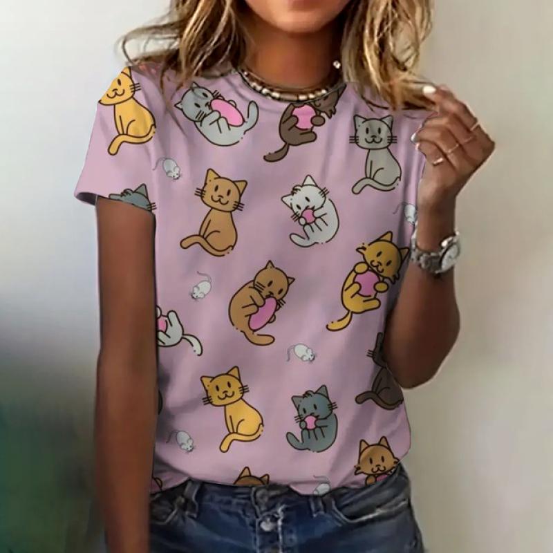 Женская футболка с принтом кота, летняя одежда с круглым вырезом и коротким рукавом, свободный повседневный топ с милым принтом, женская модная футболка с коротким рукавом