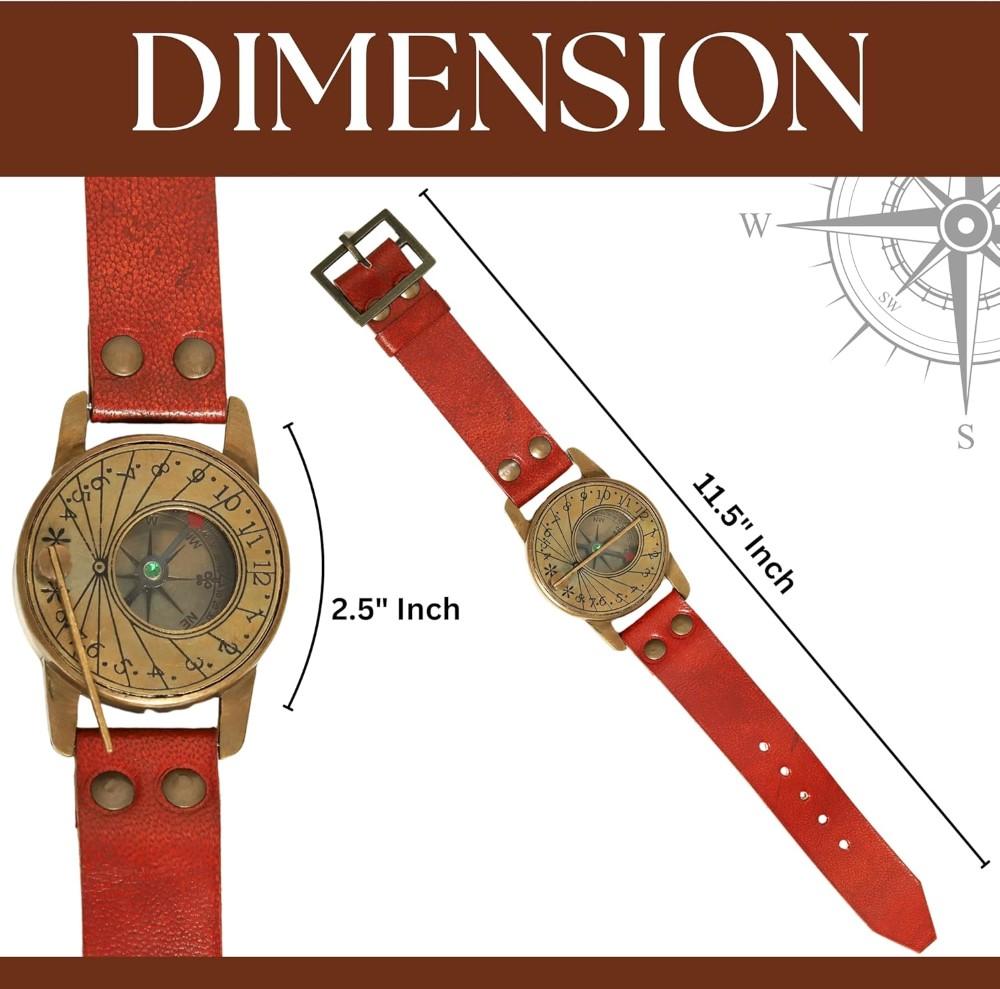 Sundial Wrist Watch Brass Compass & Leather Straps Nautical Steampunk Handmade
