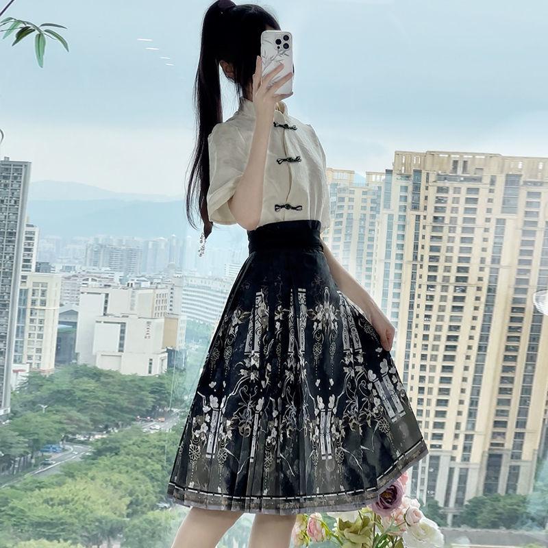 Китайские ханьфу для женщин, летние топы с короткими рукавами, короткие юбки с вытачками, повседневные костюмы