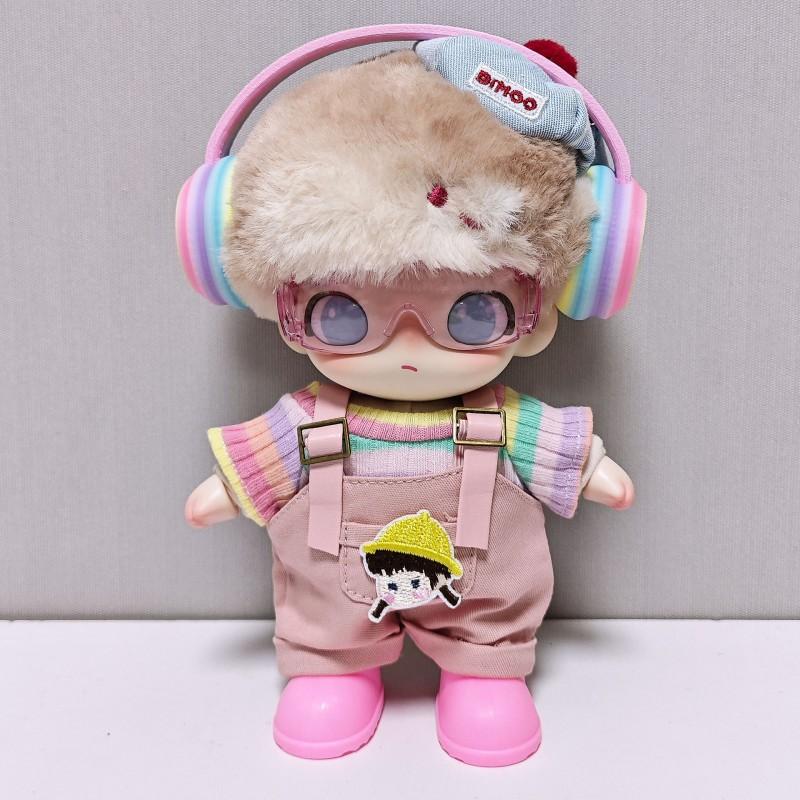 Dimoo Doll Outfit Set Rainbow Headphones Pink Overalls T-Shirt Shoes Glasses 5pcs Fashion Accessory 7-14 Old Collectible