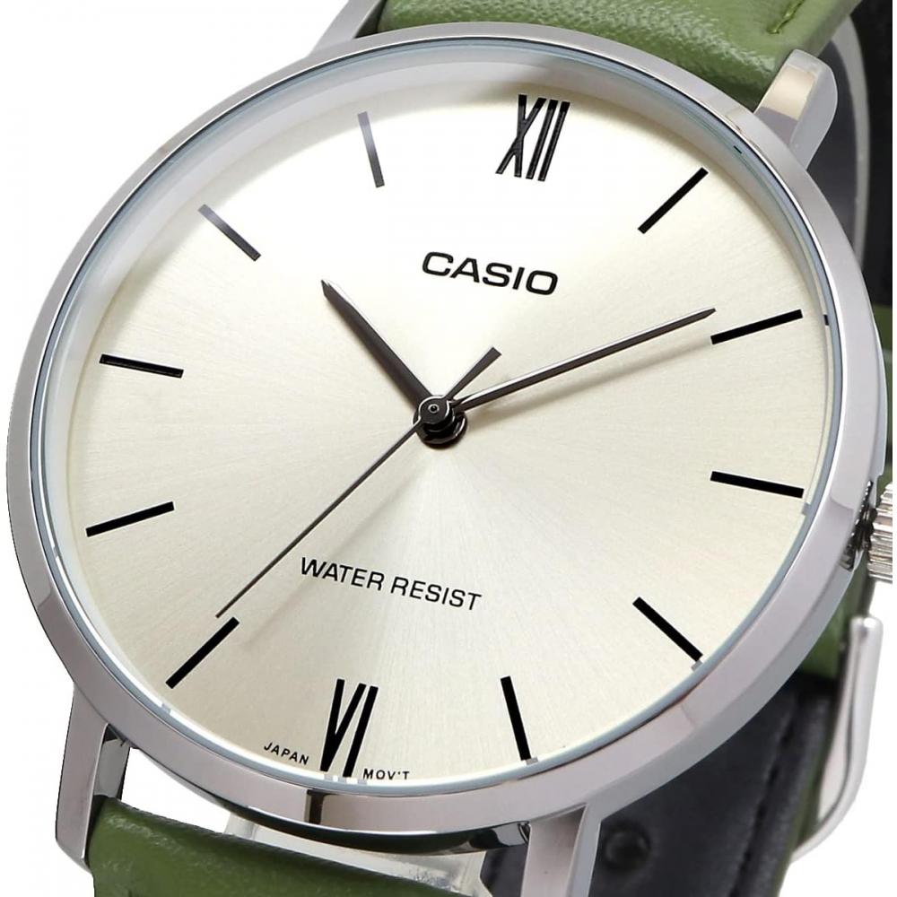 Casio Мужские кварцевые часы Серебристые   Зеленый кожаный ремешок Mtp Vt01l 3b
