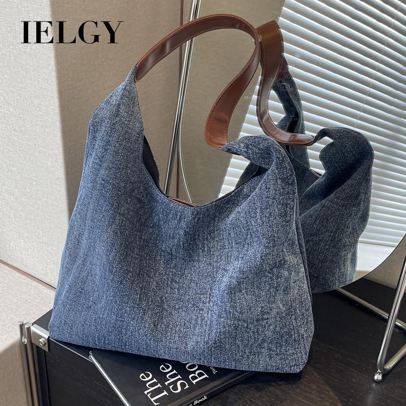Ielgy Large-Capacity Bag Female 2024 New Style Commuter Canvas Denim Tote Bag College Student Class Bag Armpit Order S