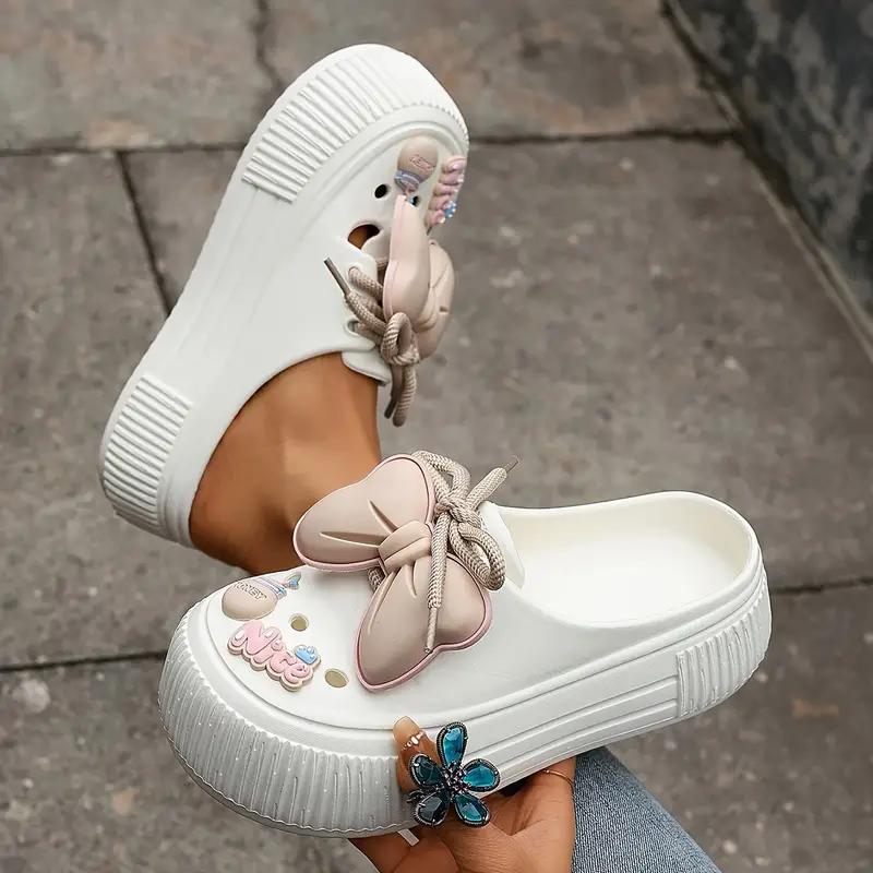 Cute Bow Hollow Slippers for Women, Summer Thick-Soled Platform Slippers, Indoor Outdoor Round Toe Slippers