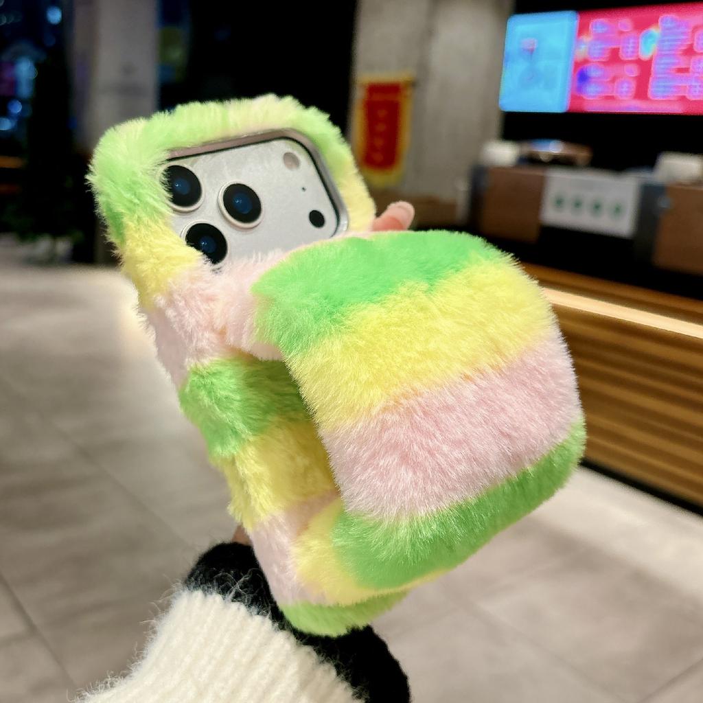 For iPhone 17 Pro Rainbow Fluffy Phone Case Winter Warm Hand Strap TPU Cover