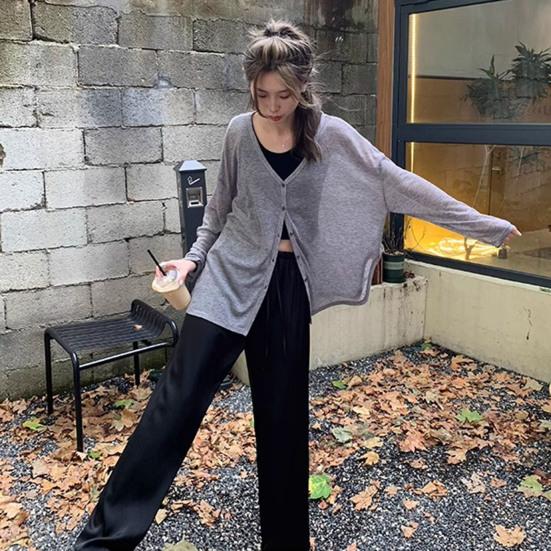 Spring Autumn Cardigan Coat V-neck Long Sleeve Single Breasted Coat Solid Color Loose Fit Thin Jacket Daily Wear