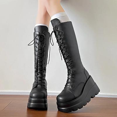 Распродажа женской обуви 2024 года, высококачественные женские ботинки на шнуровке, зимние, с круглым носком, однотонные, средней высоты, на танкетке, модные ботинки