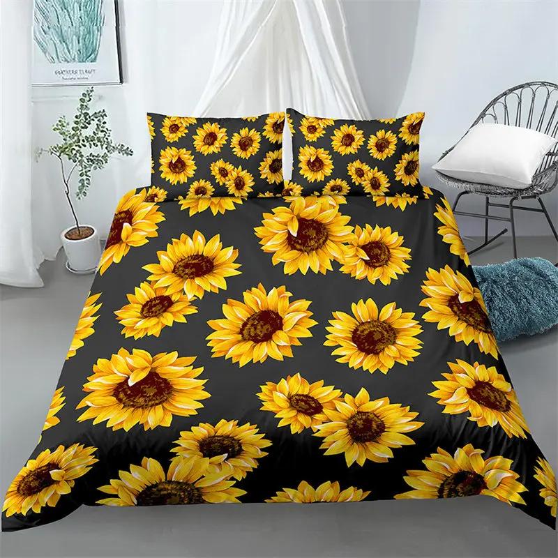 Sunflower Bedding Set Modern Microfiber Yellow Flowers Print Duvet Cover Alluring Sunflowers Summer Inspired Design Quilt Cover