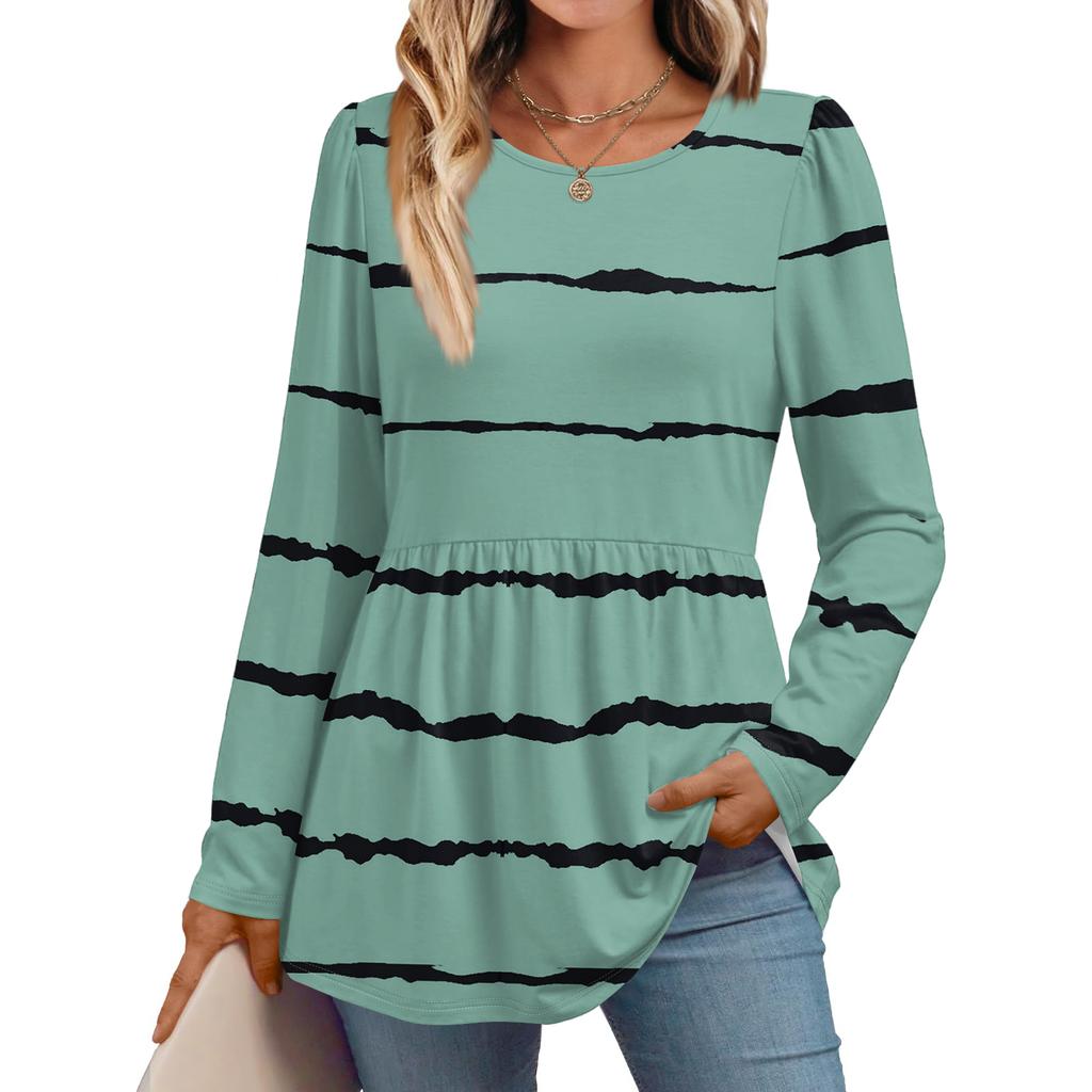 Women's Casual Fashion Long Sleeve Shirt Striped Tunic Top