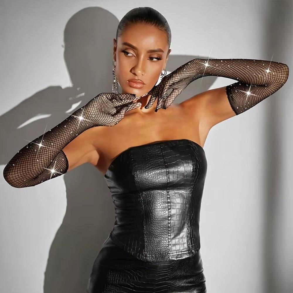 Праздничное платье Сетчатые перчатки Блестящие перчатки со стразами для выступлений Новые длинные варежки Вечеринка