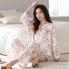 Женский осенний пижамный комплект с кардиганом - Хлопок-лайкра, Длинный рукав и брюки, Легкий, Свободный крой, Простой стиль