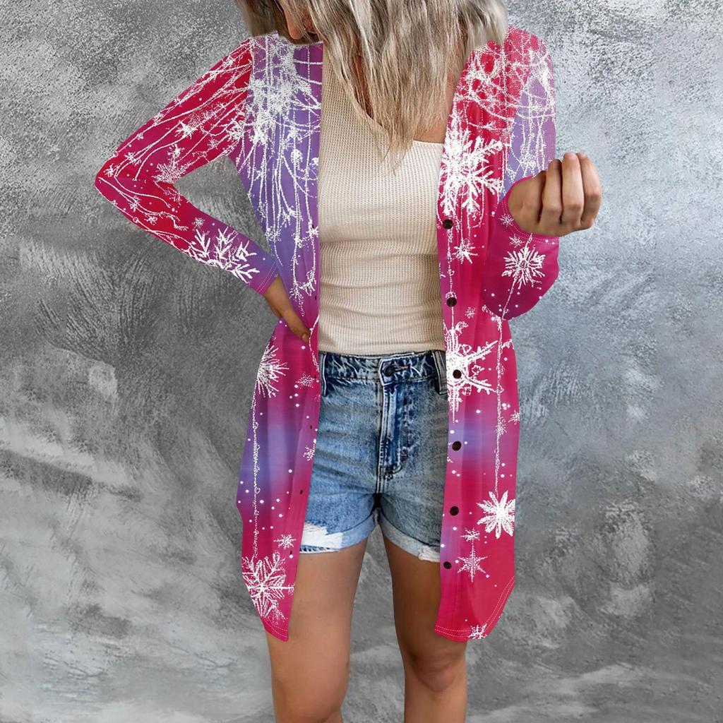 Women's Fashion Casual Long-sleeved Print Medium Length Cardigan Button Jacket Coat