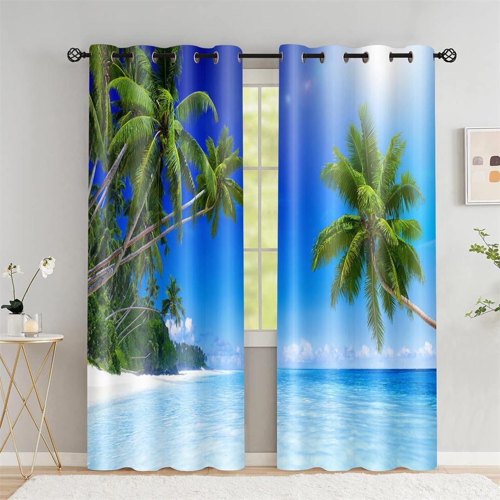 Летние пляжные шторы с оттенком кокосовой пальмы Гостиная Спальня Украшение дома Морской закат Пейзаж Цифровая печать Тонкие шторы
