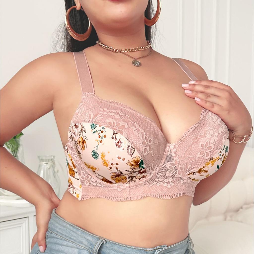 European and American New Large Size Pure Desire Underwear Printing Sexy Deep V Gathered Bra Large Size Underwear