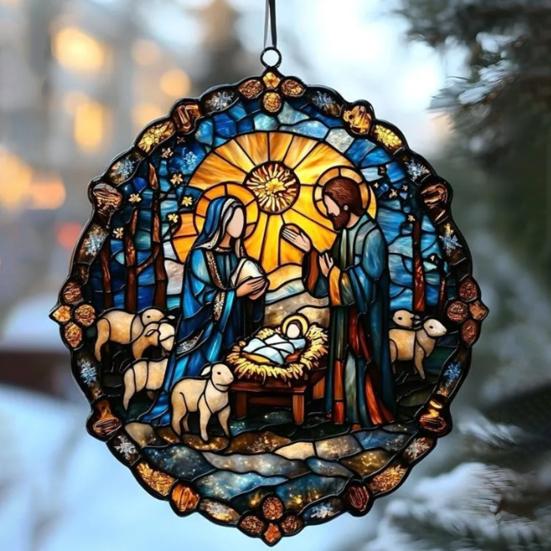 Рождественский вертеп, украшение ручной работы, круглый ловец солнца, первое рождественское украшение для ребенка, христианский религиозный подарок для украшения окна на елку