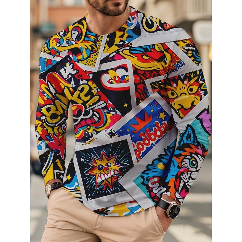 3D Printed Cool Cartoon Graffiti T Shirt For Men Skull Robot Pattern Tees Autumn Casual Long Sleeves O-Neck Tops Loose T-Shirts