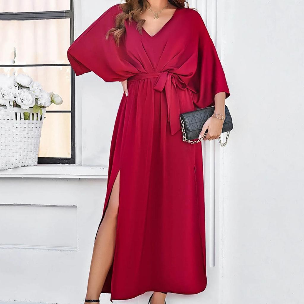 Temperament Slim V Neck Dress Womens Wedding Guest Midi Dresses Solid Formal Long Dresses