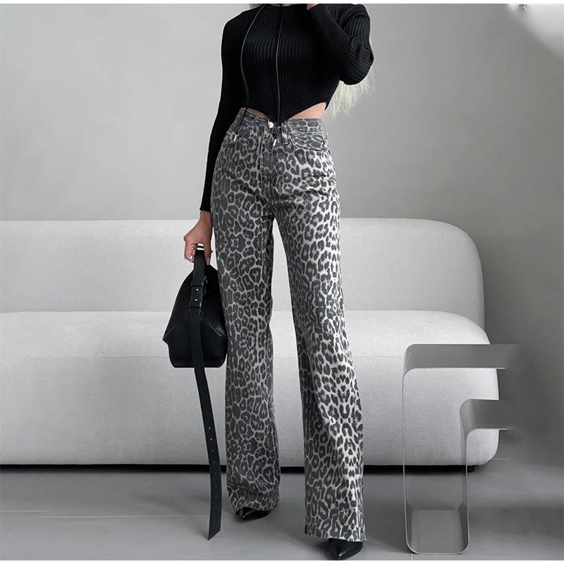 Elegant Grey Leopard Printed Jeans High Waist Straight Leg Vintage High Street Black Jeans Pants Women Formal Korean Retro