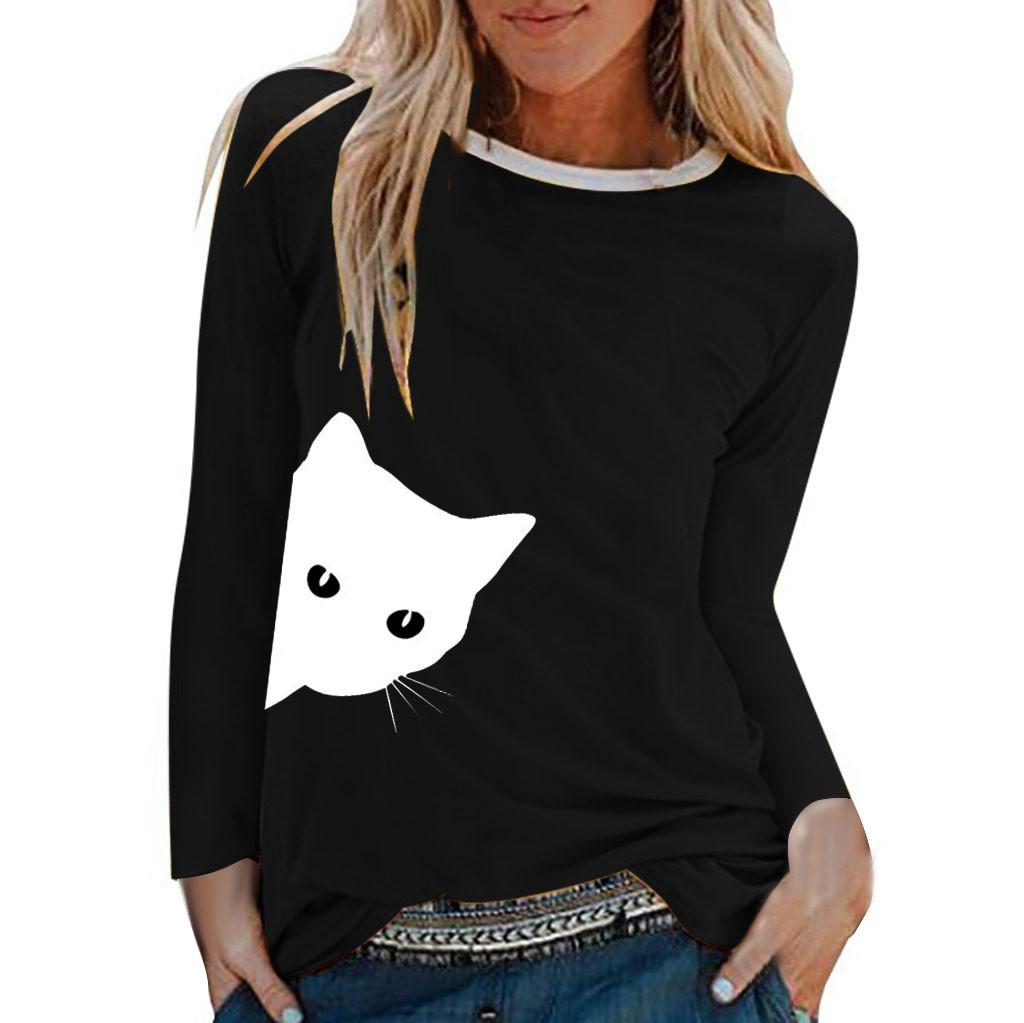 Womens Casual Cat Print Shirts Long Sleeve Top Loose T-Shirt Blouse