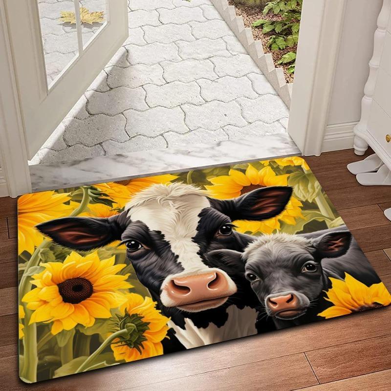 Floral Highland Cow Print Doormat Anti-slip Carpet for Kitchen Living Room Machine Floor Mat Washable Floor Rug