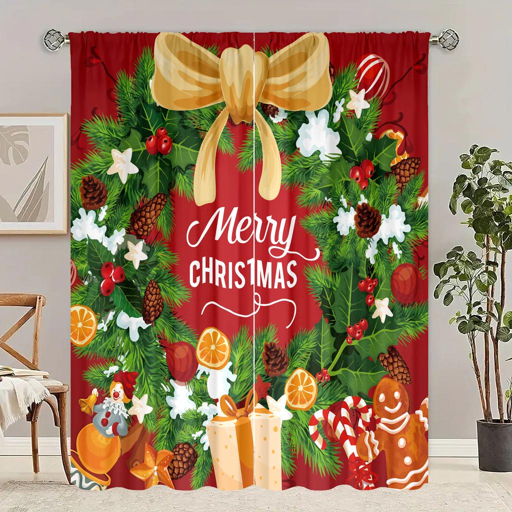2pcs- Happy Christmas - Printed Curtains, 42*84 Pole Bag Curtains, Bedroom Living Room, Party Room Decoration