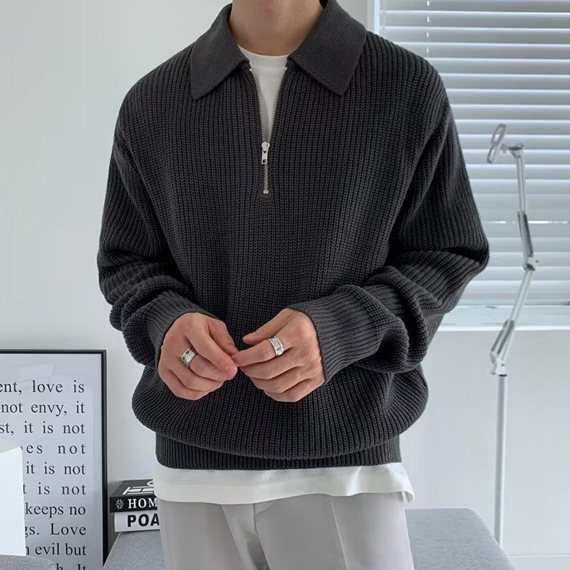 Men's Autumn/Winter Japanese-Style Half-Zip Lapel Sweater - High-End, Loose, Casual.