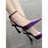 Sexy Cut Men's Pointed High Heels Women's French One-word Buckle Purple Satin Stiletto Sandals