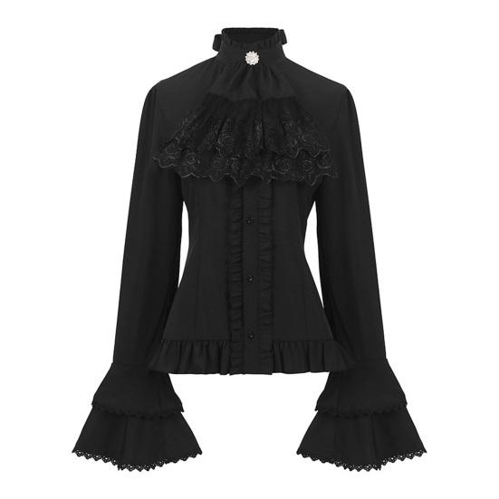 Женский ретро-топ в стиле стимпанк с высоким воротом, декорированным бантом, кружевом, однотонным длинными рукавами-колокольчиками, однобортным, с присборкой
