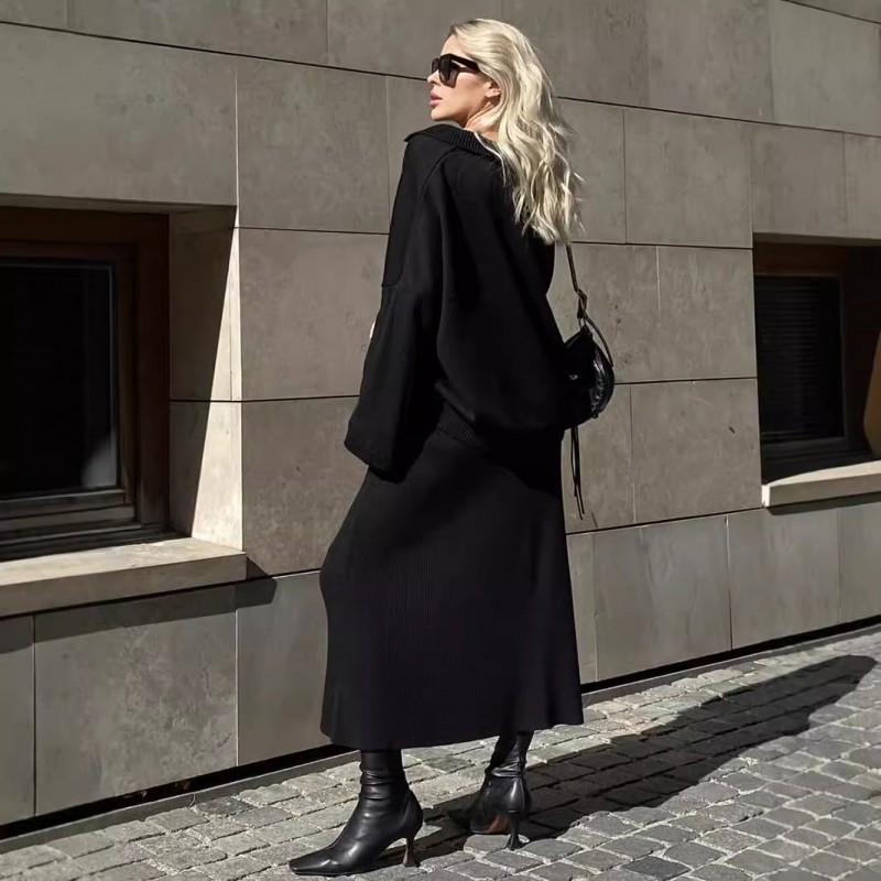 Womens Knit Set Winter Casual V-Neck Sweater Skirt Two-Piece Outfit Loose Fit Comfortable Daily Wear