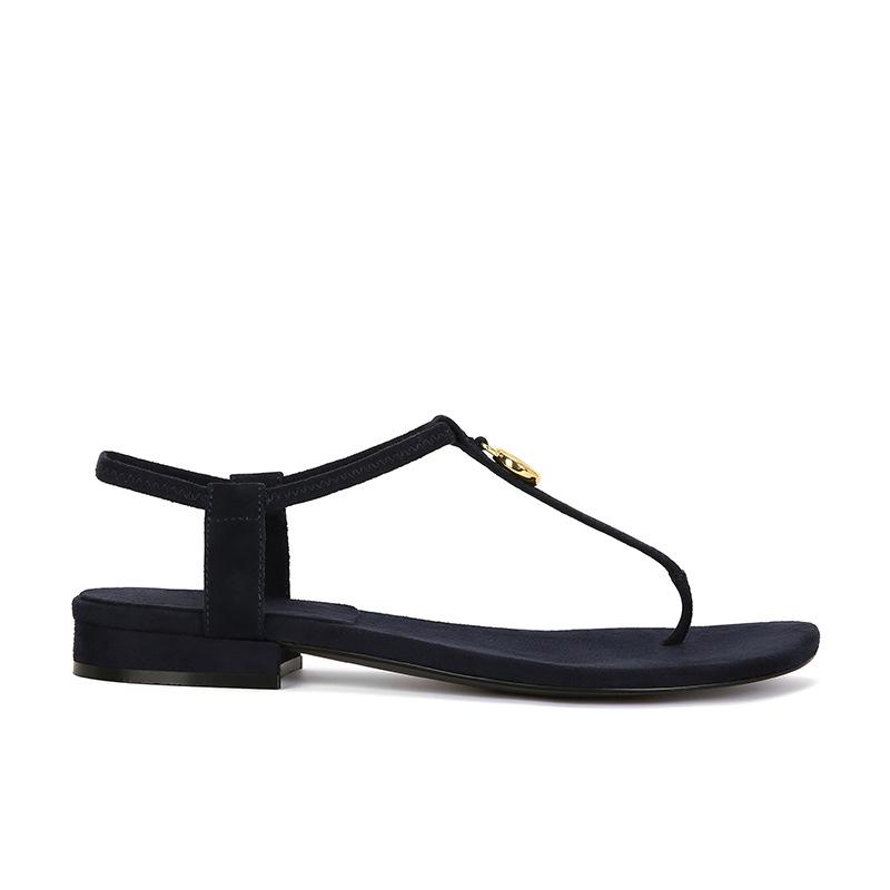 Su Yinyin has the same retro mandarin duck design gold buckle T with toe flat sandals women's round head versatile open-toed sandals