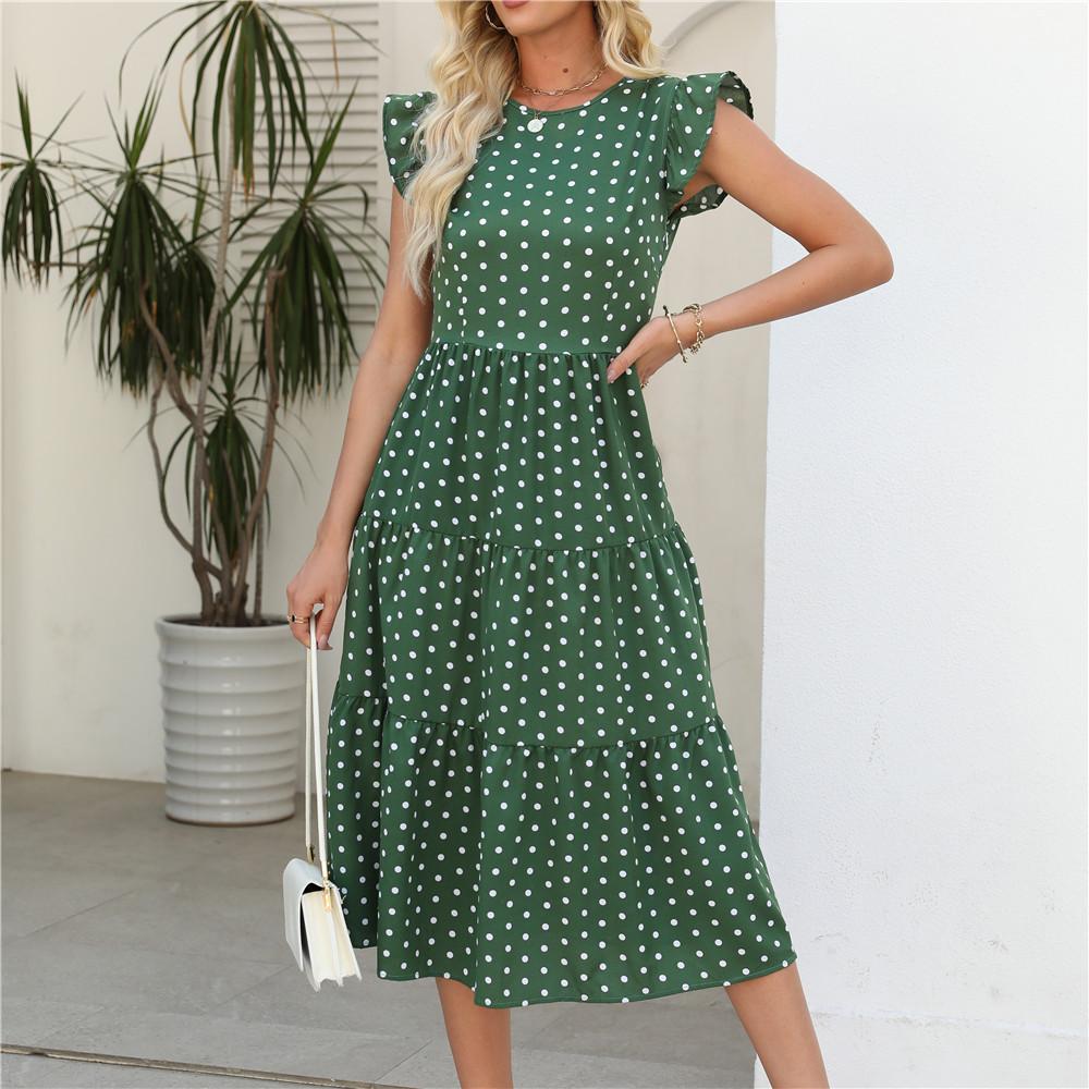 Polka Dot Print Summer Women Long Dress Round Neck Ruffled Sleeveless