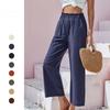 Women Cotton Linen Loose Wide Leg Pants Summer Female High Elastic Waist Button Solid Streetwear Trousers
