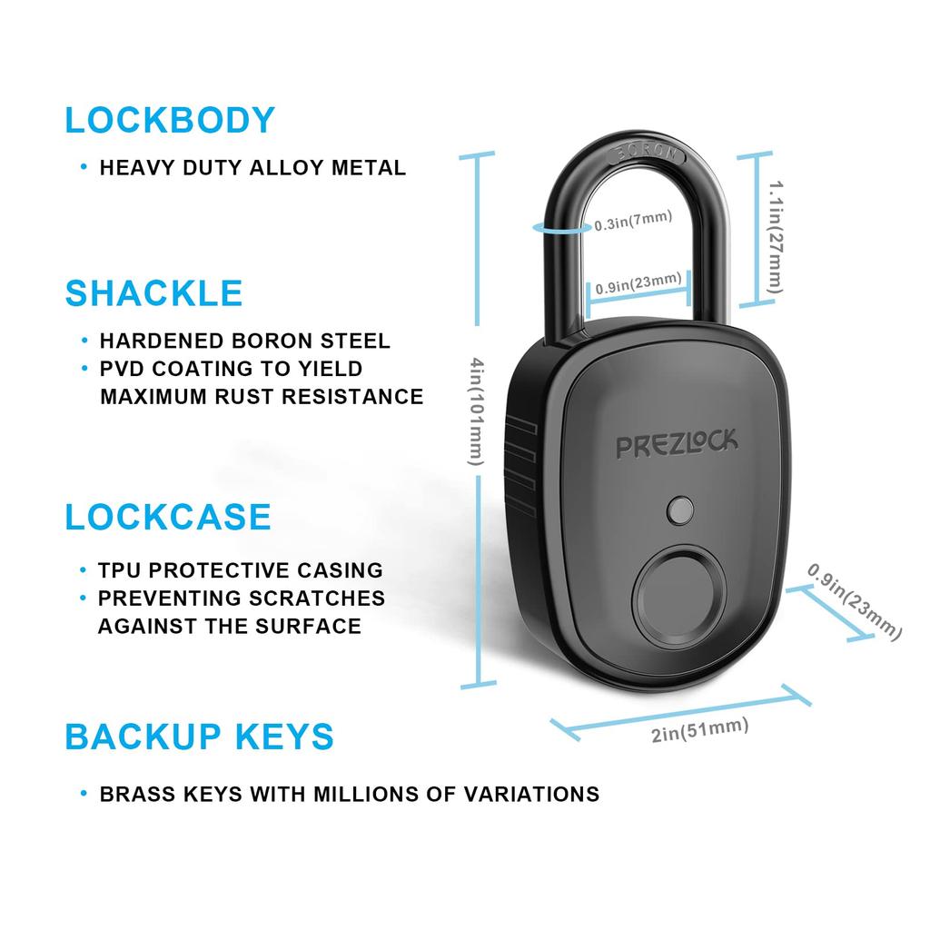 Prezlock Smart Fingerprint USB Backup Key Keyless Biometric Waterproof Standard For Outdoor Graphite Padlock, Lock, Authentication, Rechargeable,