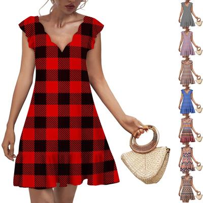 Женское модное повседневное платье с V-образным вырезом, волнистым краем, полосатым принтом и принтом в клетку, с короткими рукавами