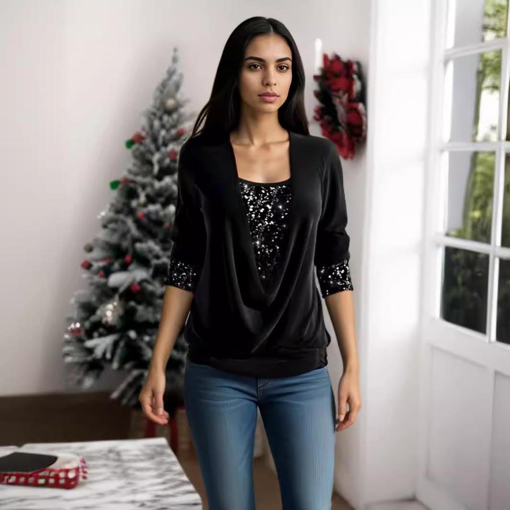 "2024 Autumn Sequined Long-Sleeve Women's Top with Drop Collar and Loose Pleated Design"