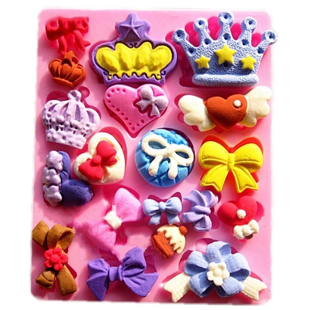 Food Grade Silicone Fondant Mold Crown Bow Design Multiple Cavities Silicone Mold Smooth Surface Heat Resistant Sugar Paste Mold