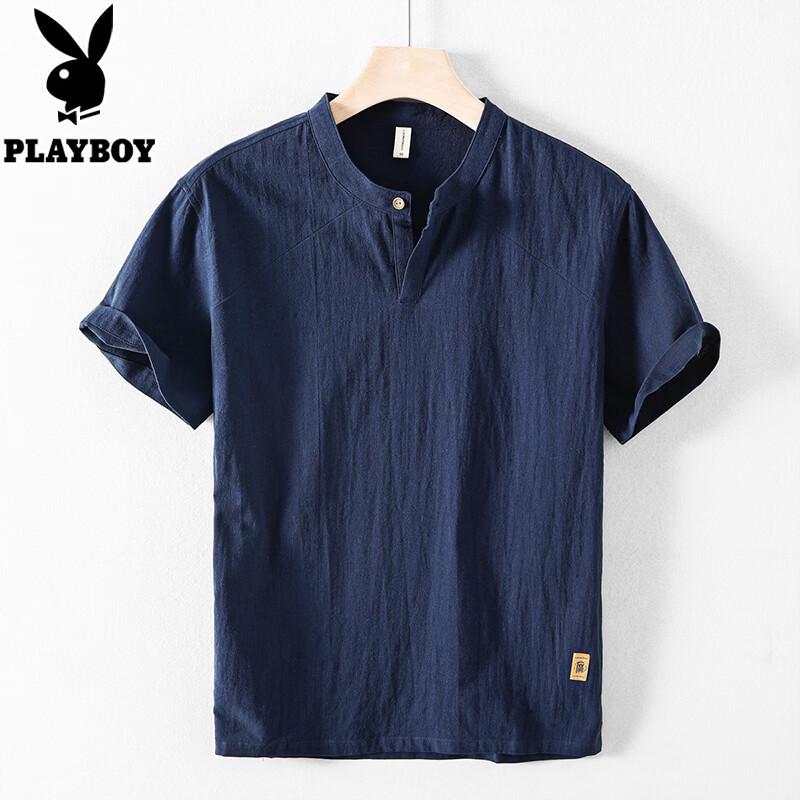 PLAYBOY Мужская рубашка из чистого хлопка с коротким рукавом и воротником-стойкой