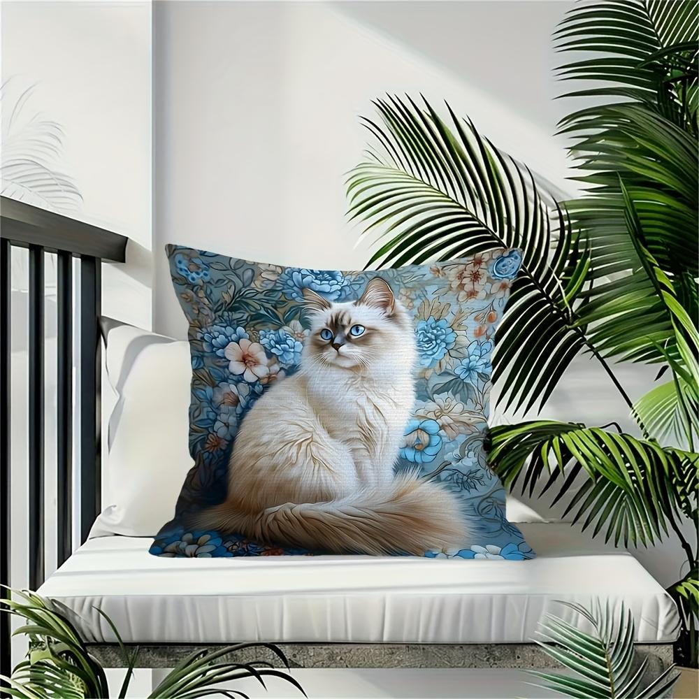 Ragdoll Cat Floral Throw Pillow Cover Blue Vintage Botanical Decorative Pillow Case For Cat Lovers