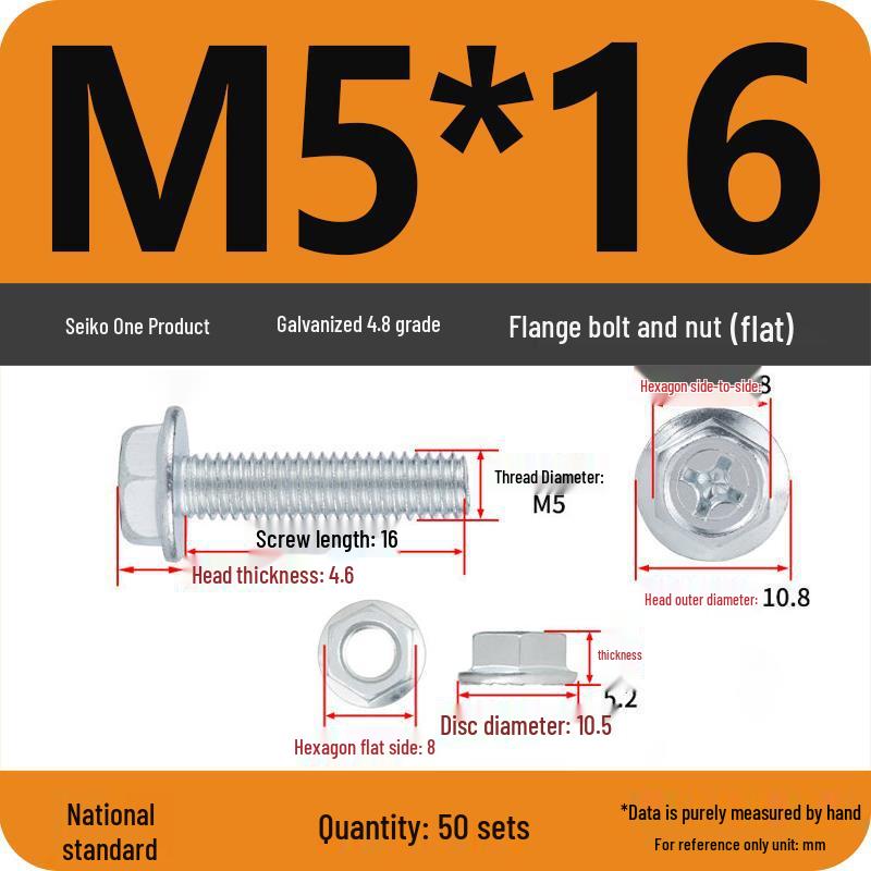 Оцинкованные болты с шестигранной головкой и гайки с шайбами - Противоскользящие (M4/M5/M6/M8, Класс прочности 4.8)