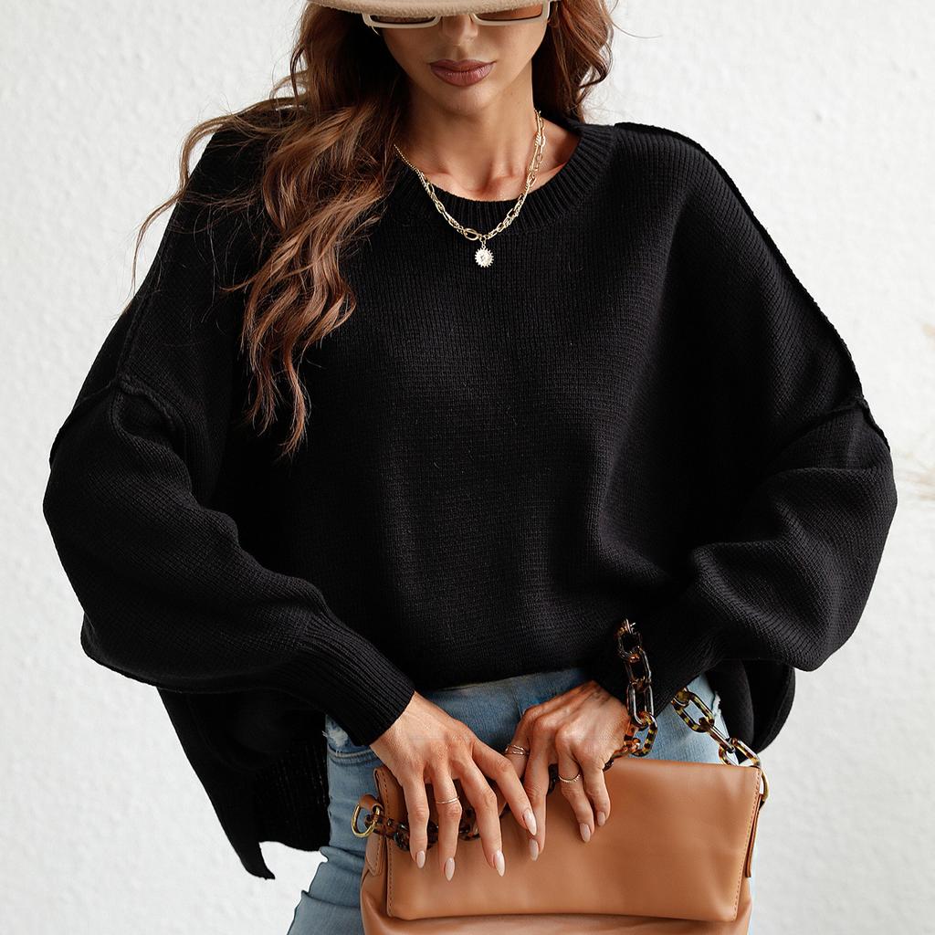 Осенне-зимний женский свитер большого размера с круглым вырезом и разрезом