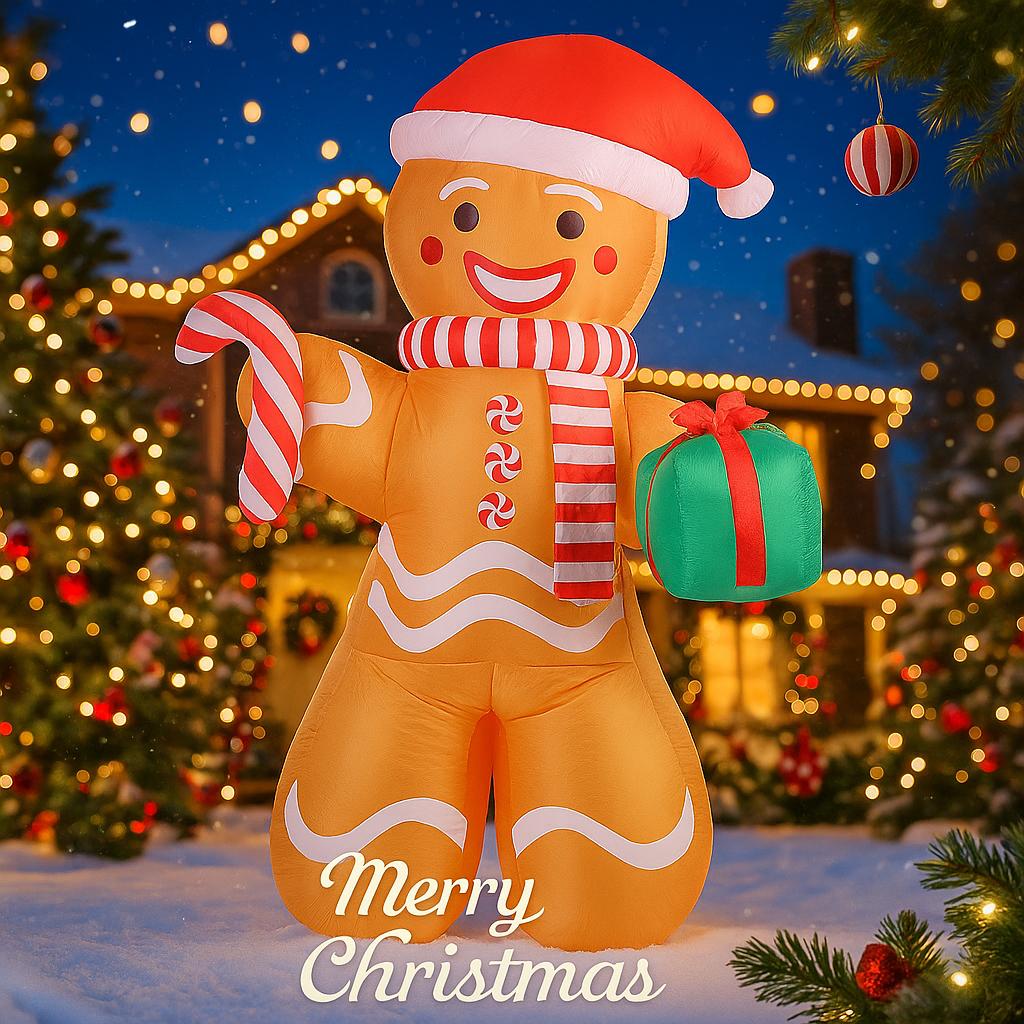 7.87FT Inflatable Toy Gingerbread Man Candy Cane Gift with LED Lit Xmas Yard Lawn Party Decoration Christmas Home Supplies Gift