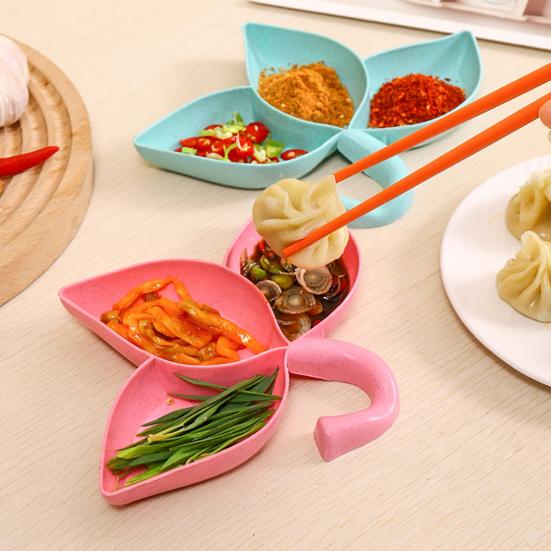 2 шт. блюдо для макания, 3 отделения в форме листа, пищевая заправка для салата, анис, порошок чили, приправа, соус, поднос для мусора, держатель тарелки, кухонные принадлежности