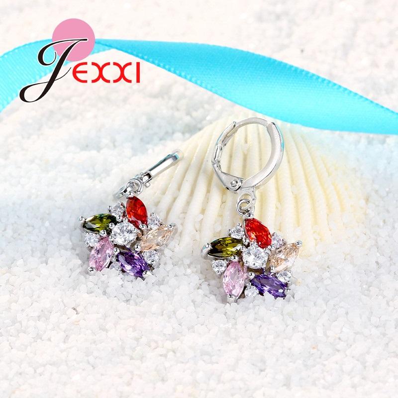 New Top Grade 925 Sterling Silver Flower Jewelry Set Colorful Crystal Pendant/Earrings/Women Wedding Jewelry Sets