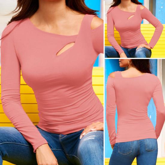 Женские сексуальные топы с наклонными плечами, облегающий топ, полый дизайн, косой воротник, однотонный цвет с длинными рукавами