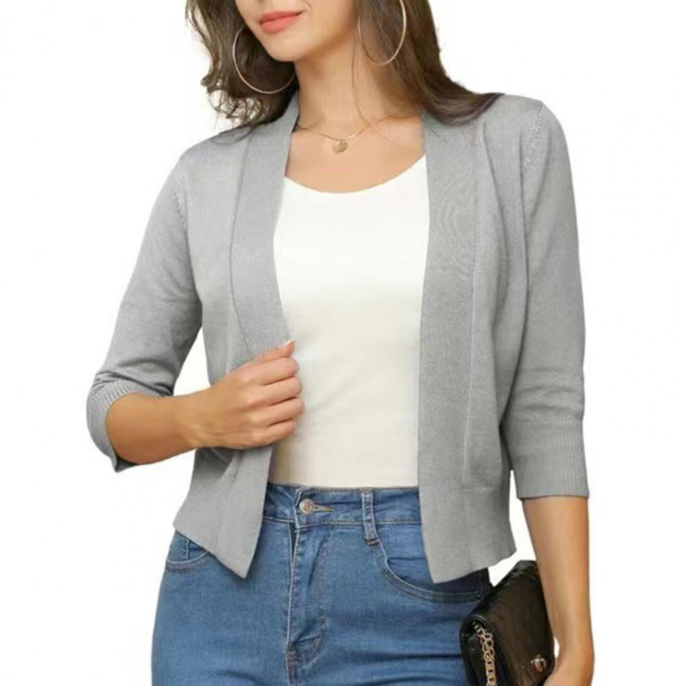 Женский вязаный кардиган без воротника с рукавом 3/4, короткая вязаная куртка, однотонная, открытая строчка, вязаная верхняя одежда