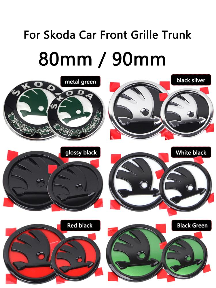 WMTY7 2Pcs 80MM/90MM 3D Car Emblem Badge Hood Front Rear Trunk Logo For Skoda Fabia 1 2 Octavia a7 RS Superb Rapid Yeti Karoq Vision