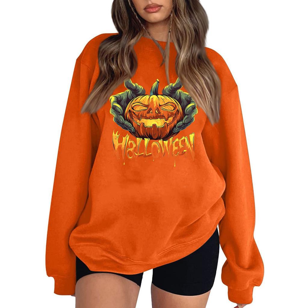 Women's Casual Round Neck Long Sleeved Pullover, Halloween Printed Top, Long Sleeved Hoodie