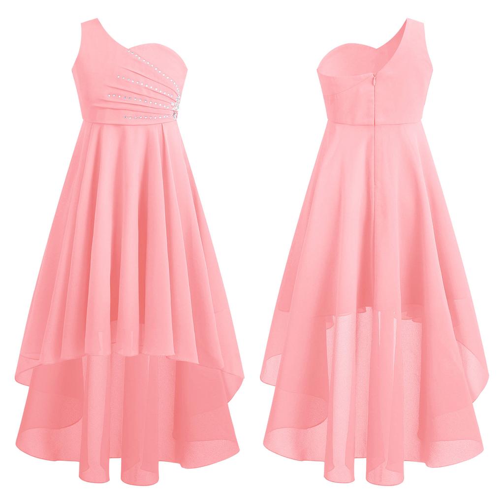 Детское праздничное платье с блестящими стразами для девочек и бисером, без рукавов на одно плечо, шифоновое платье для подружки невесты на свадьбу, вечернее платье для выпускного вечера