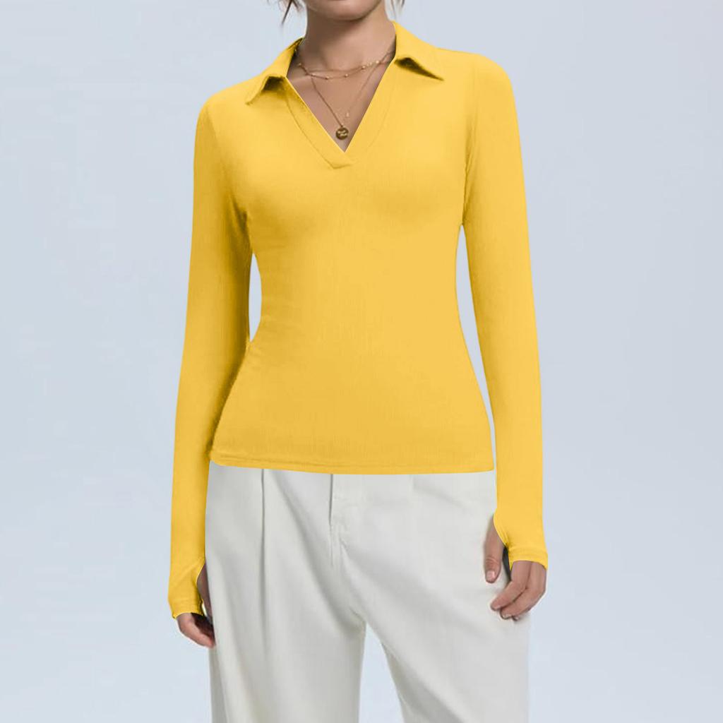 Женская мода Повседневный однотонный топ с V-образным вырезом и длинным рукавом на пуговицах