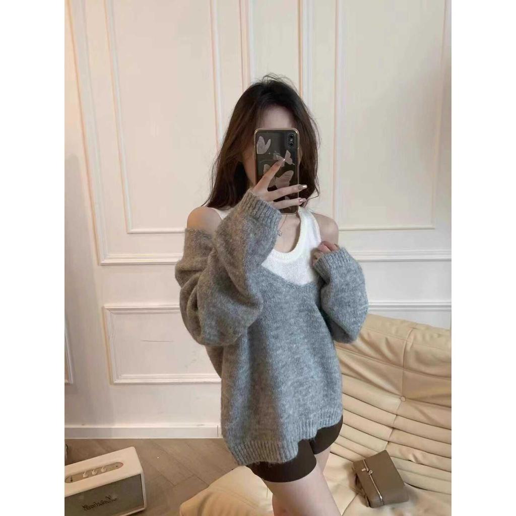 Элегантный женский пуловер с V-образным вырезом и жилет в корейском стиле, комплект из двух предметов для осени/зимы